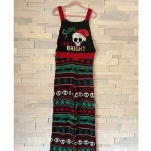 Halloween Christmas "Scary and Bright" Sequin Knit Overalls Jumpsuit Skeleton XL